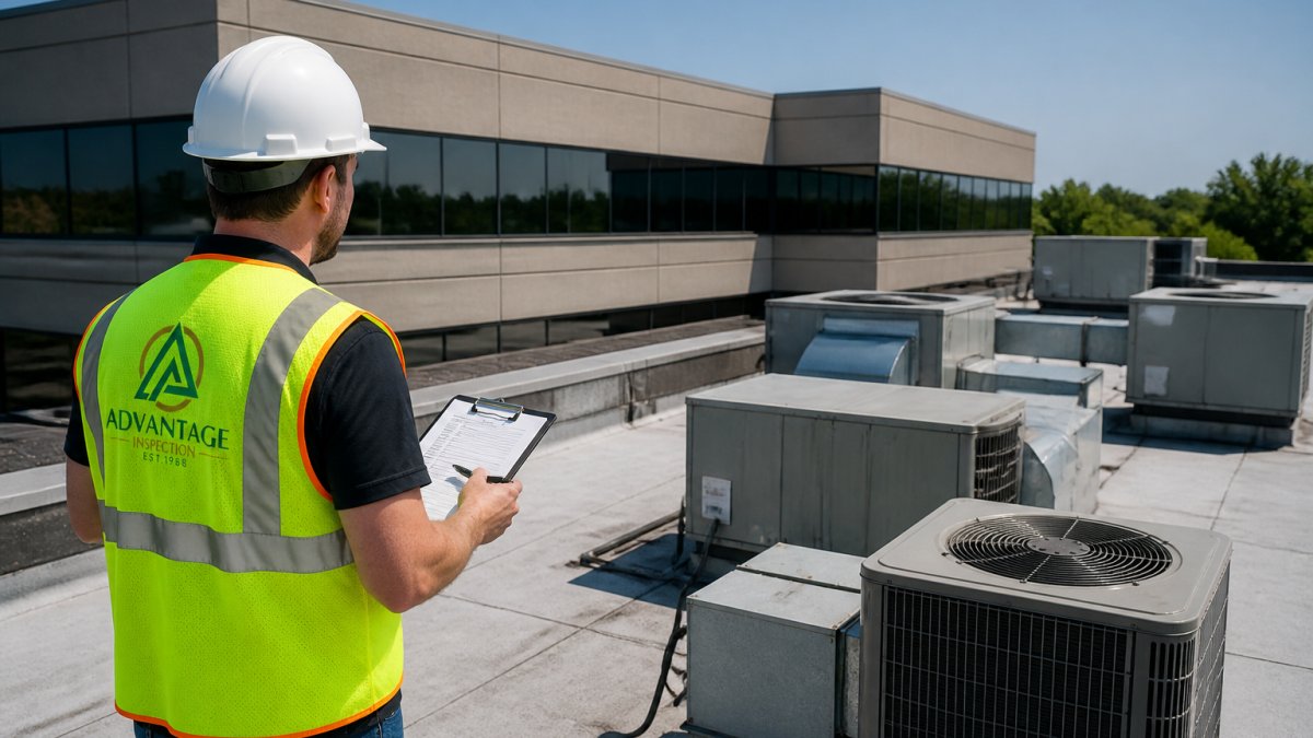 A commercial building inspector in a hard hat and safety vest examining the roof and HVAC units of a low-rise office building on a clear day
