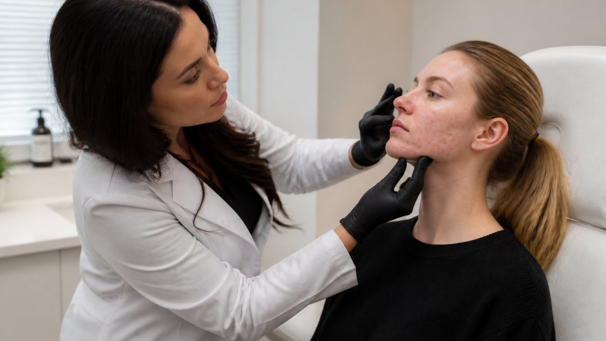 Dermatologist examining a patient's face and acne lesions in a clinical office setting