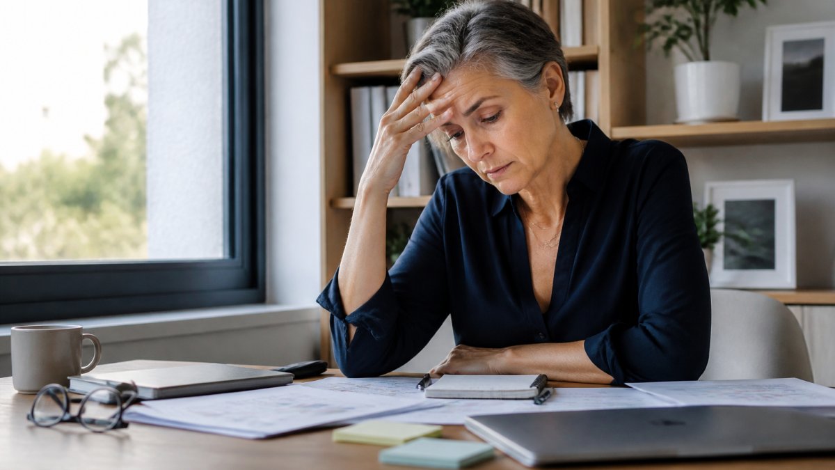 Professional pausing at desk with hand to forehead, work materials visible, morning light from office window, expression showing thoughtful concern