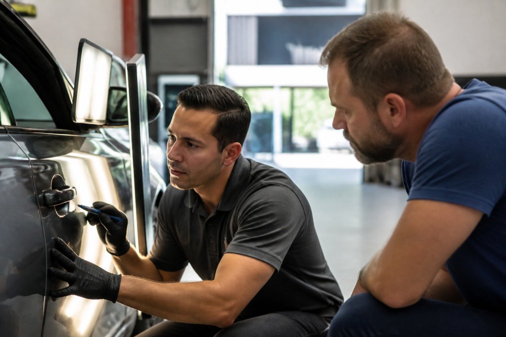 A certified PDR technician in a clean uniform inspecting a car door panel with an LED dent light in a well-lit garage, customer watching nearby