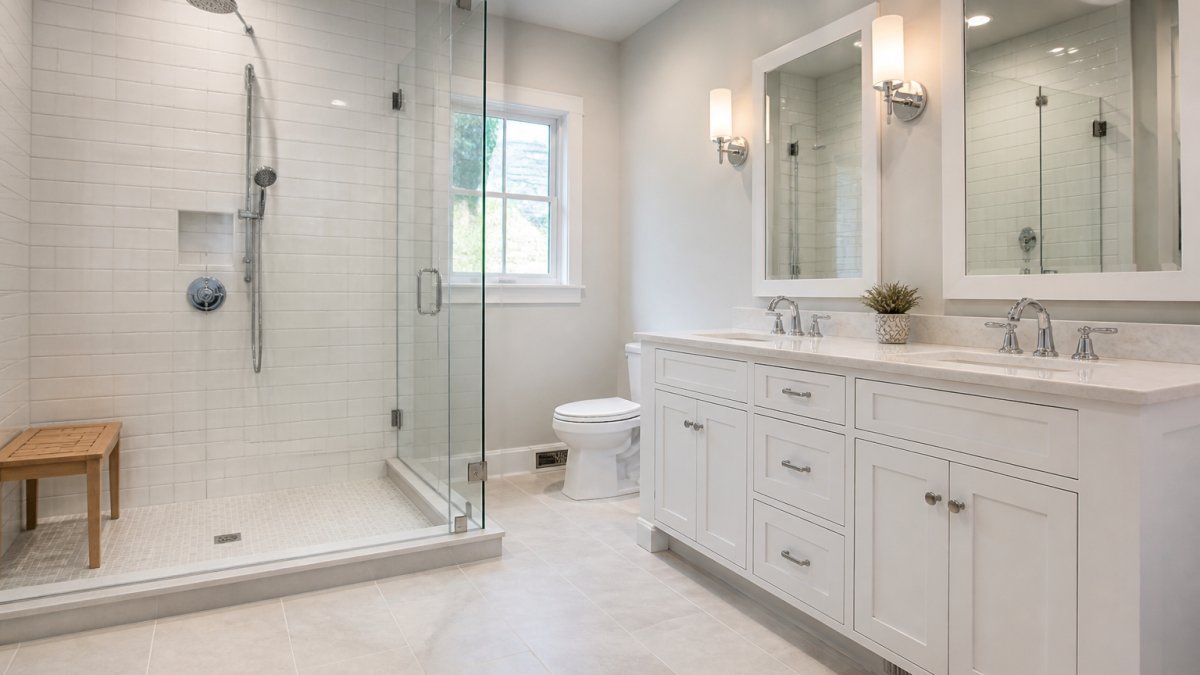 Modern bathroom with walk-in shower, contemporary chrome fixtures, white subway tile surround, heated flooring, and recessed lighting with clean white cabinetry