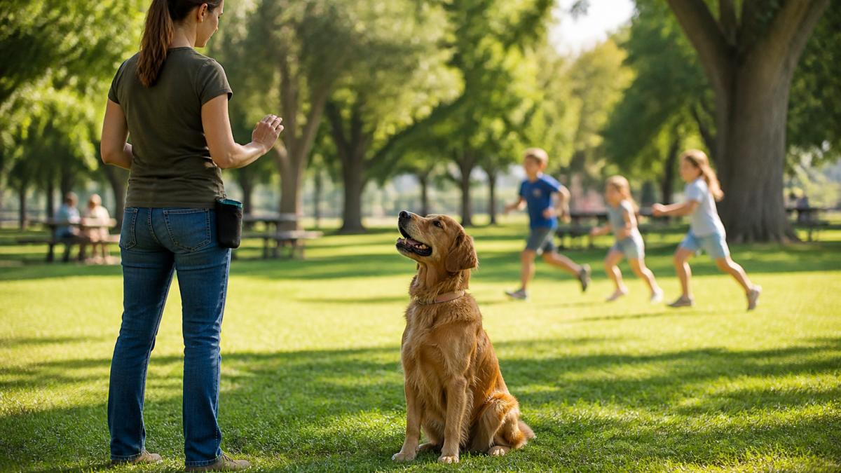 Dog owner practicing advanced commands with a focused dog in a busy park