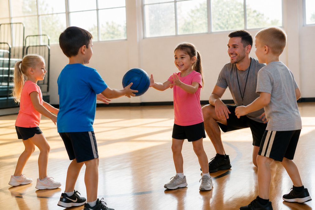 A small group of preschool-aged children in colorful athletic wear passing a soft basketball to each other in a bright gymnasium, a smiling coach kneeling nearby, warm afternoon light through tall windows