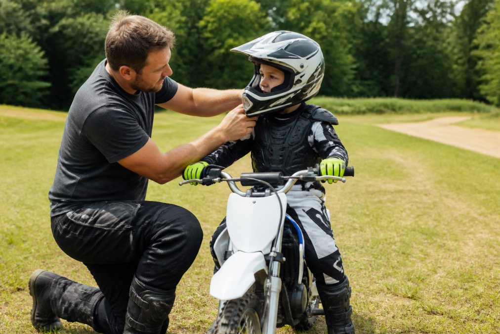 Parent adjusting a helmet for a child as kids start motocross training on a sunny day in a grassy field.