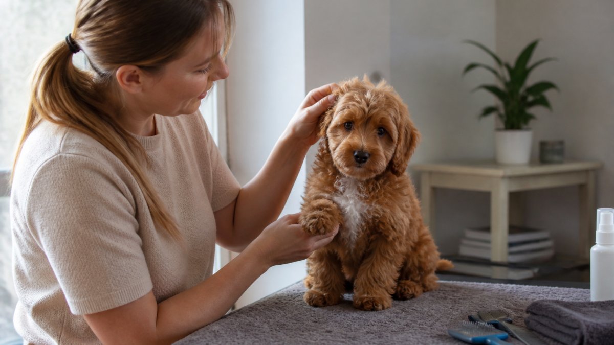 Young puppy sitting calmly on a soft grooming mat indoors while owner's hands gently touch and handle the puppy's paws and ears during a short practice session