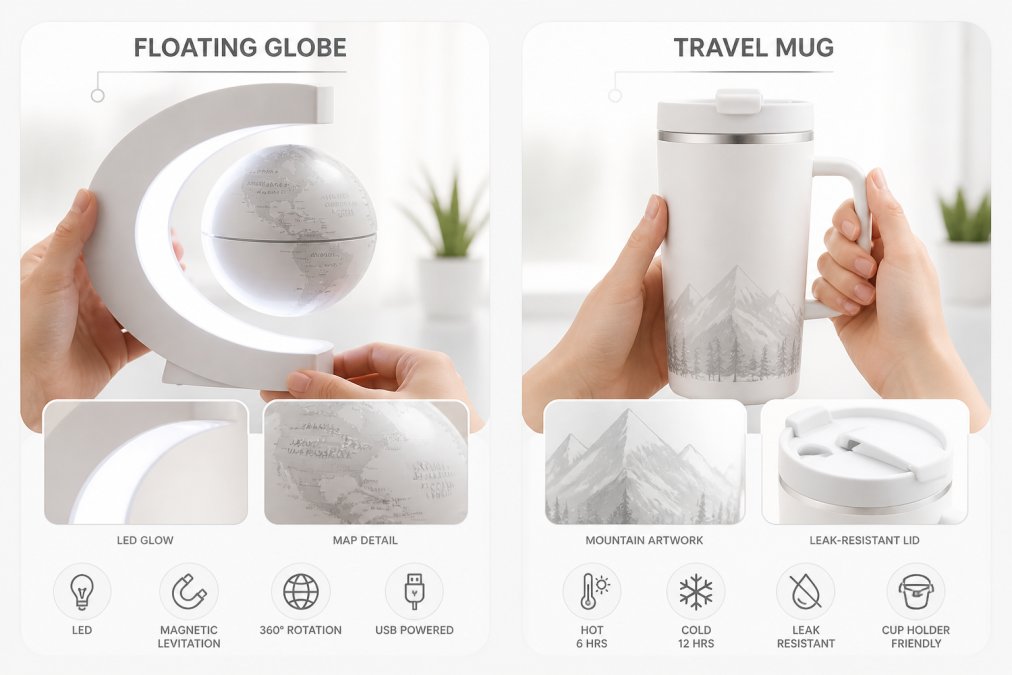 Comparison chart showing unique gift ideas featuring a glowing magnetic floating globe and a travel mug with mountain art.
