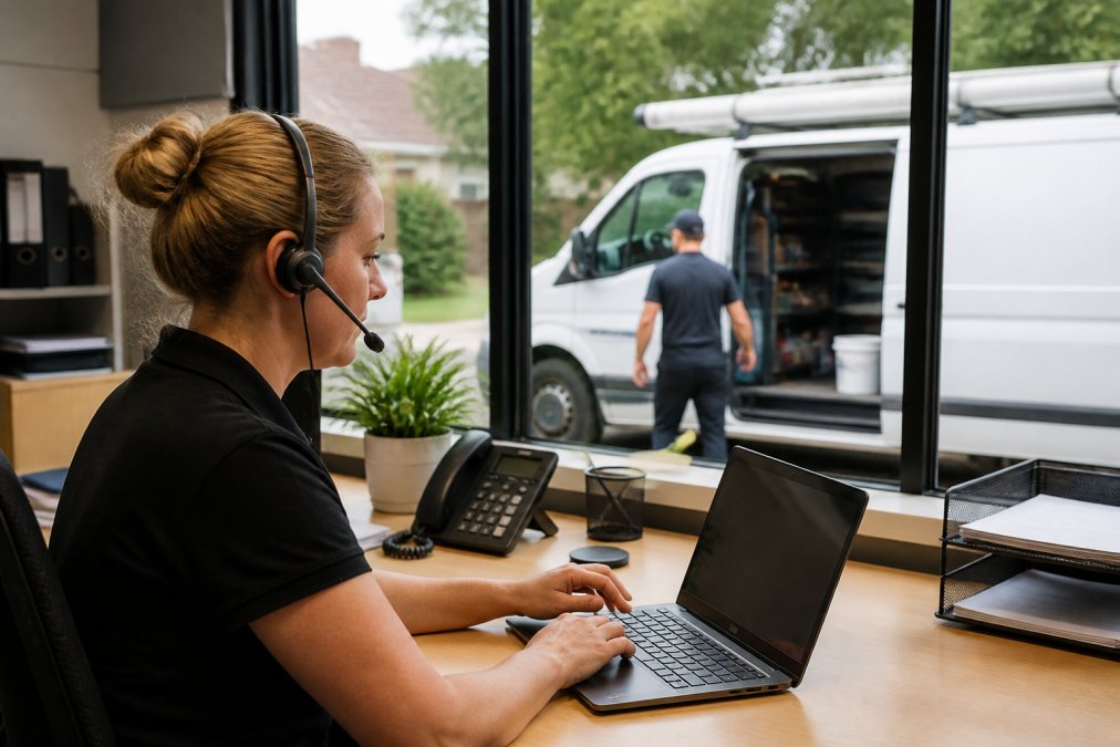 Dispatcher using a laptop with AI voice agents to manage home service calls with a plumbing van visible outside