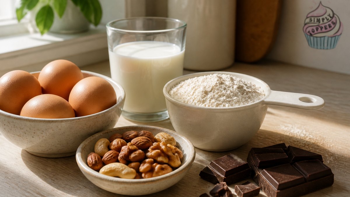 Close-up of baking ingredients laid out on a kitchen counter including eggs in a ceramic bowl, milk in a glass, flour in a white measuring cup, mixed nuts in a small dish, and dark chocolate pieces, with natural morning light streaming across the surface