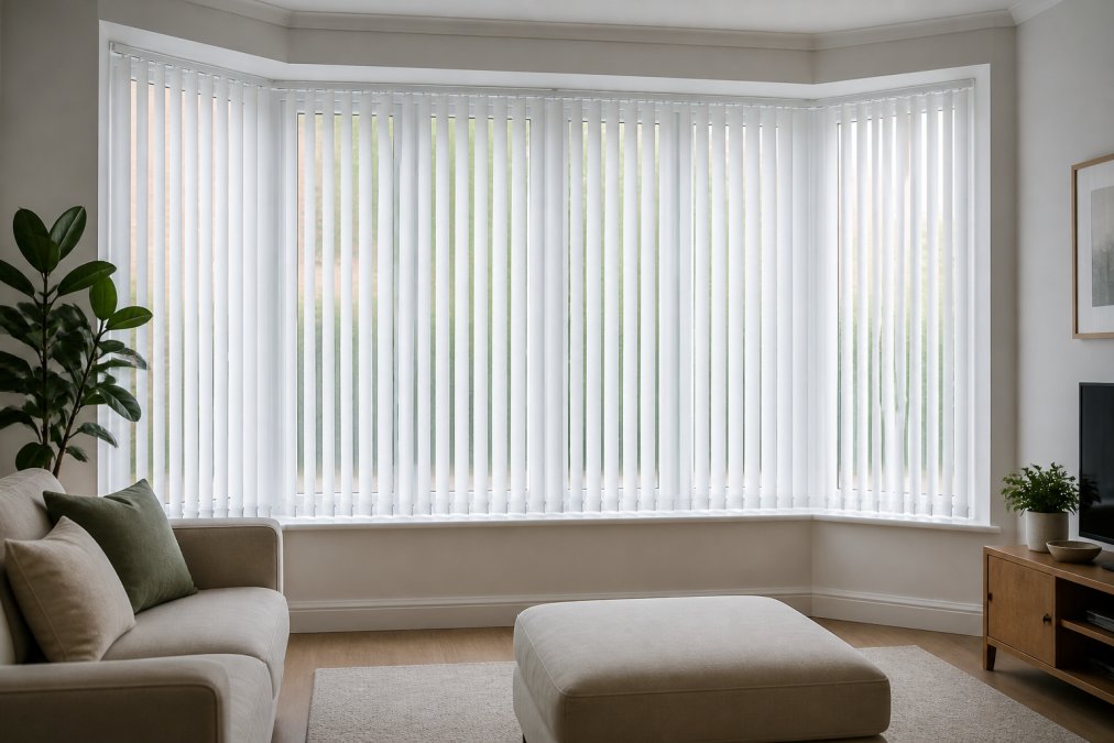 A bright living room with a large bay window fitted with white made-to-measure vertical blinds, natural light filtering through the slats, clean lines showing the precise fit