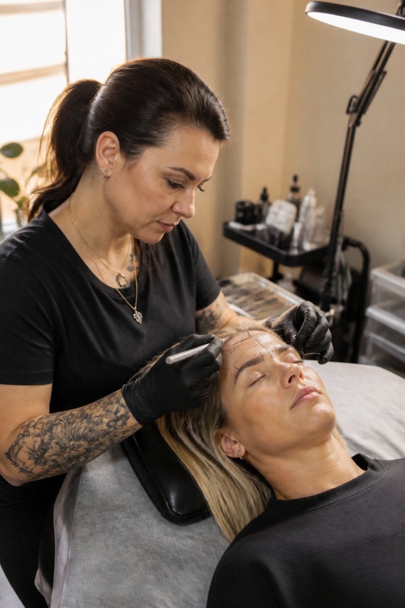 Professional permanent makeup artist performing detailed brow mapping on client's face using surgical markers and measuring tools in clinical setting with bright overhead lighting