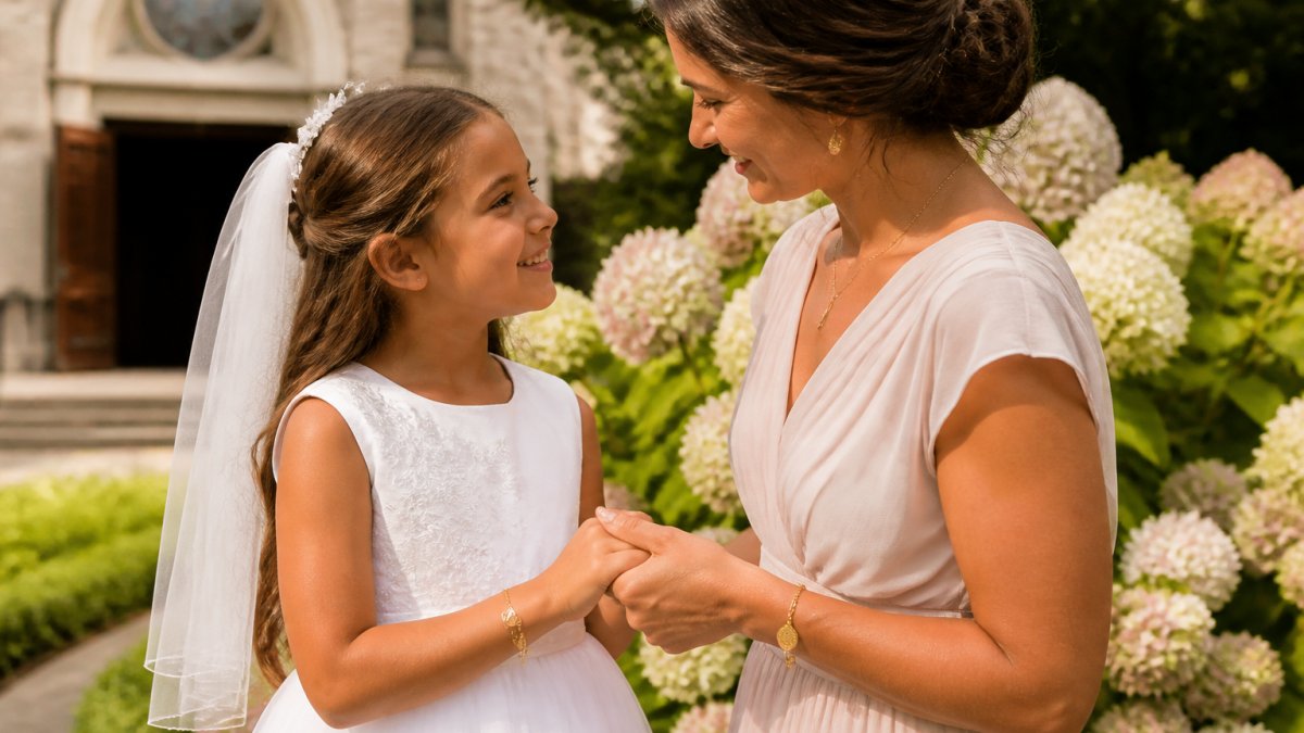 A young girl in a white First Communion dress holding her mother's hand, both wearing delicate gold bracelets with a small Miraculous Medal, soft natural light in a church garden