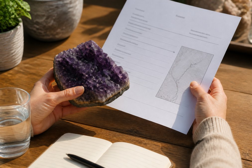 Close-up of hands holding a raw amethyst cluster while reviewing a printed sourcing document with mine location details, warm natural light on a wooden table