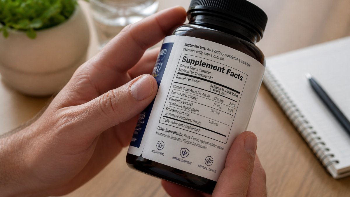 Close-up of a supplement bottle label being examined by hands, showing the ingredient list and Supplement Facts panel clearly visible with natural lighting on a clean surface