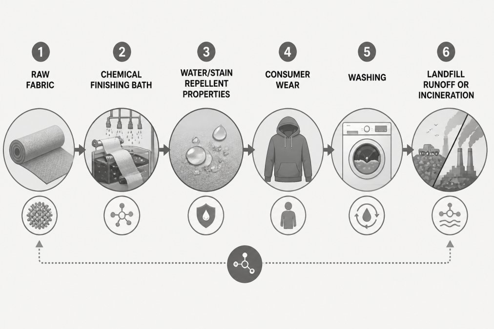 Flowchart illustrating the lifecycle of textile chemical finishes from fabric production to environmental disposal.