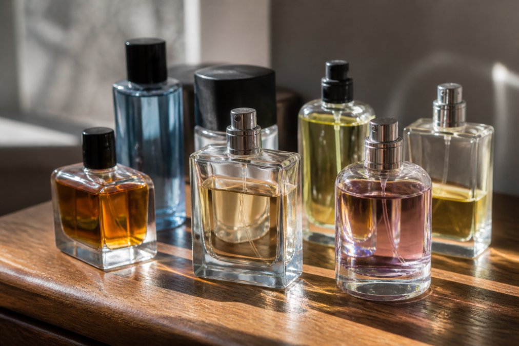 Close-up of multiple fragrance bottles arranged on a wooden surface with natural light, showing different colored liquids and spray nozzles, emphasizing the variety and elegance of inspired fragrances
