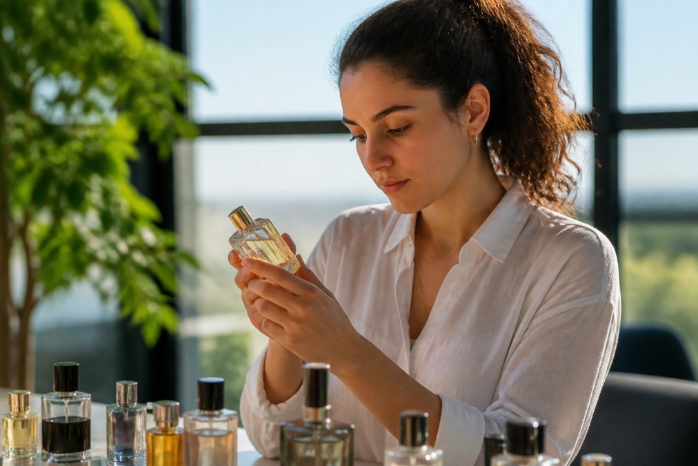 Person holding and examining a fragrance bottle in natural daylight, studying the label and composition details with focused attention