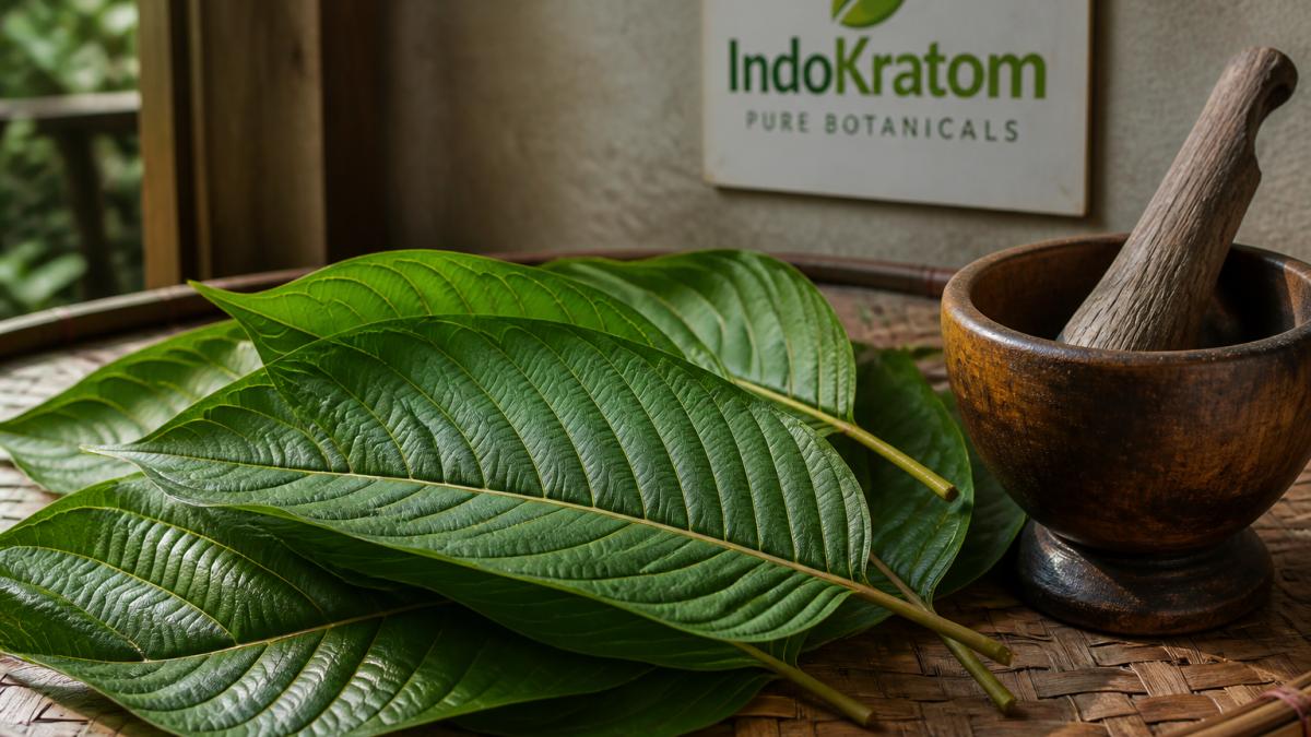 Fresh green kratom leaves with visible veins arranged on a rustic woven mat beside a traditional wooden tool