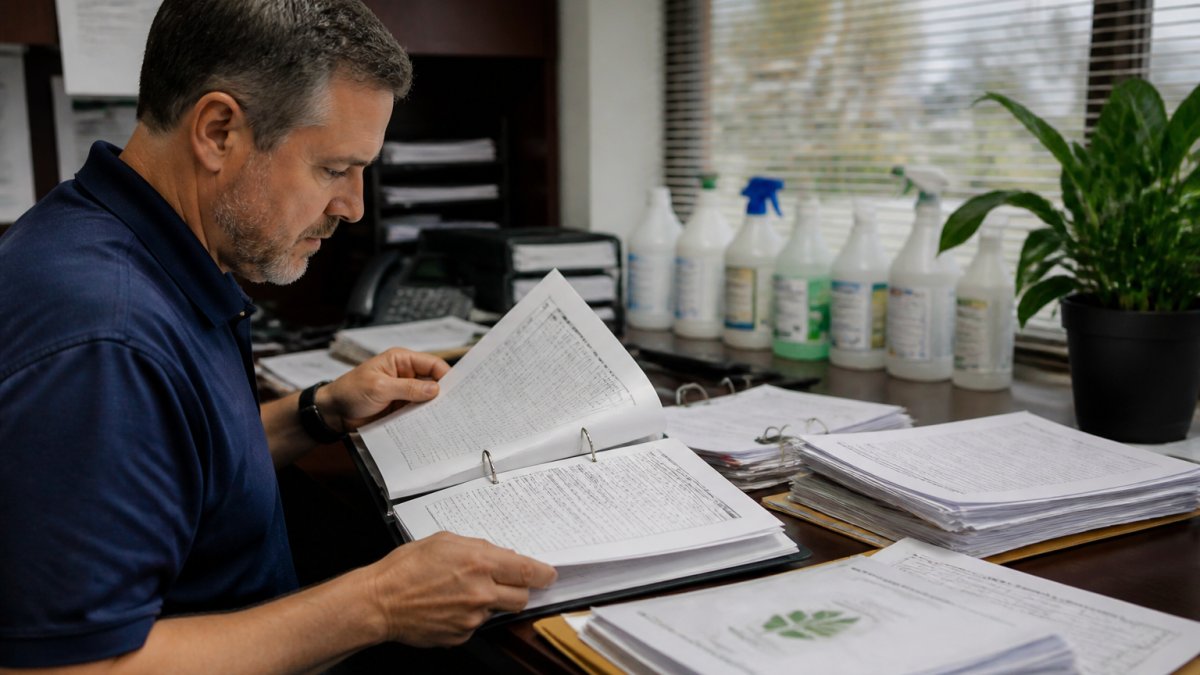 A facility manager in a corporate office reviewing a binder of cleaning logs and product certifications at a desk, with a laptop showing a digital dashboard nearby