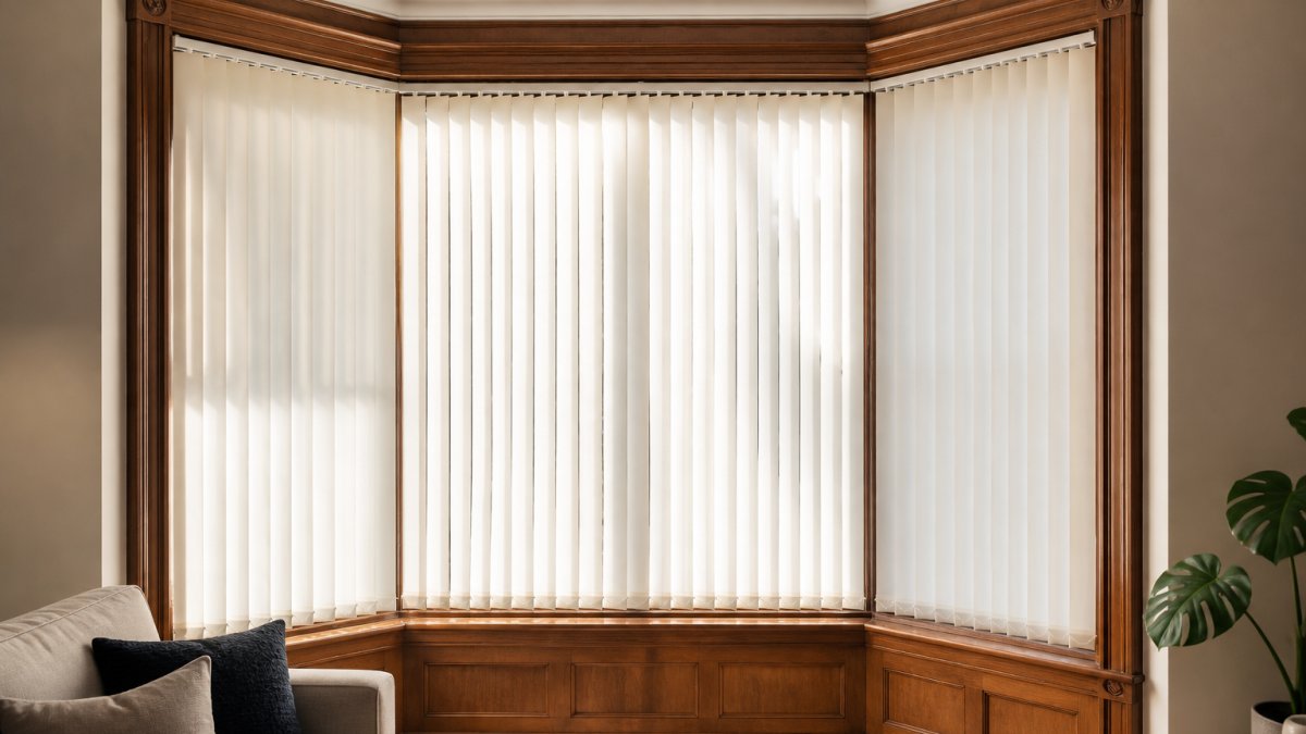 Bay window with custom-fitted made-to-measure vertical blinds installed, showing precise fit without gaps around the ornate wooden frame and clean polished appearance in bright natural light