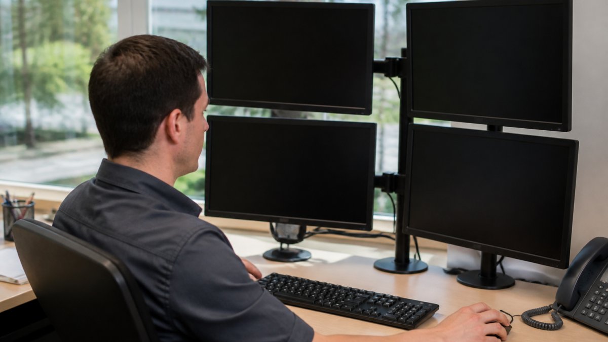 Professional IT technician monitoring multiple computer screens displaying network dashboards, system alerts, and performance metrics in a modern office environment with natural lighting