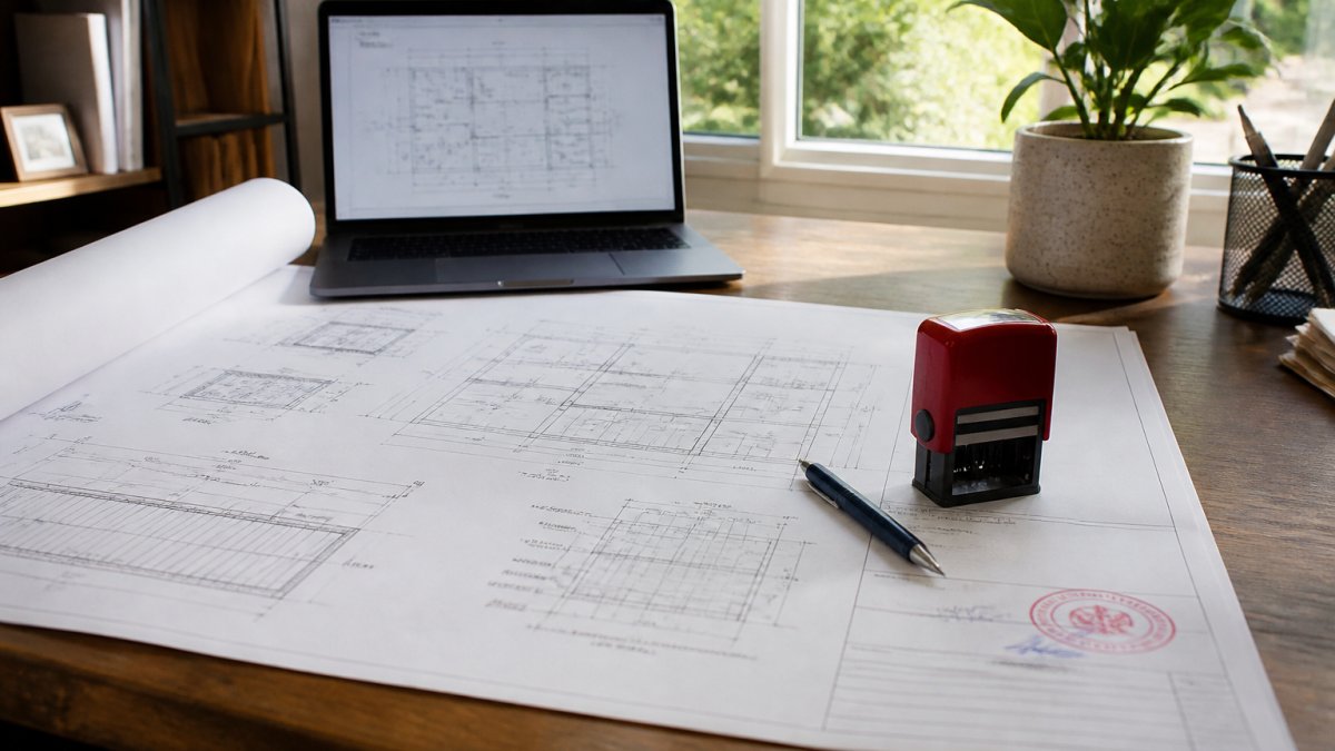 A structural engineer's desk in a bright home office with large-format structural drawings spread out, a red stamp and signature pen resting on the title block, and a laptop showing a plan sheet nearby
