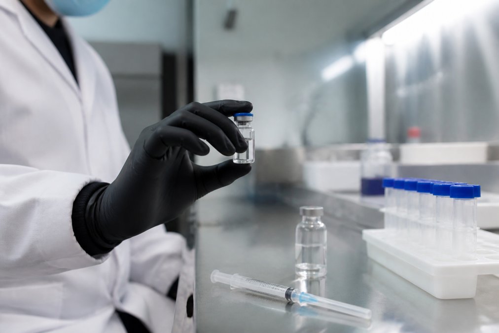 Researcher holding a small vial of BPC-157 peptide solution with a syringe and bacteriostatic water bottle on a clean laboratory workspace with proper lighting