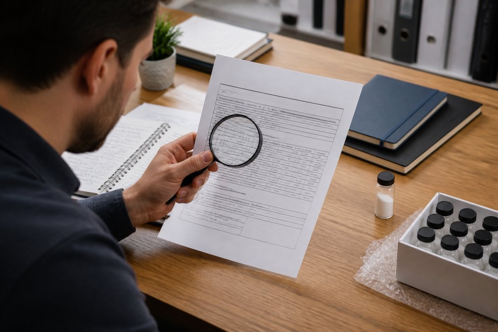 Person at a desk carefully reviewing a printed Certificate of Analysis document with a magnifying glass, laboratory notes and a peptide vial visible nearby in natural office lighting