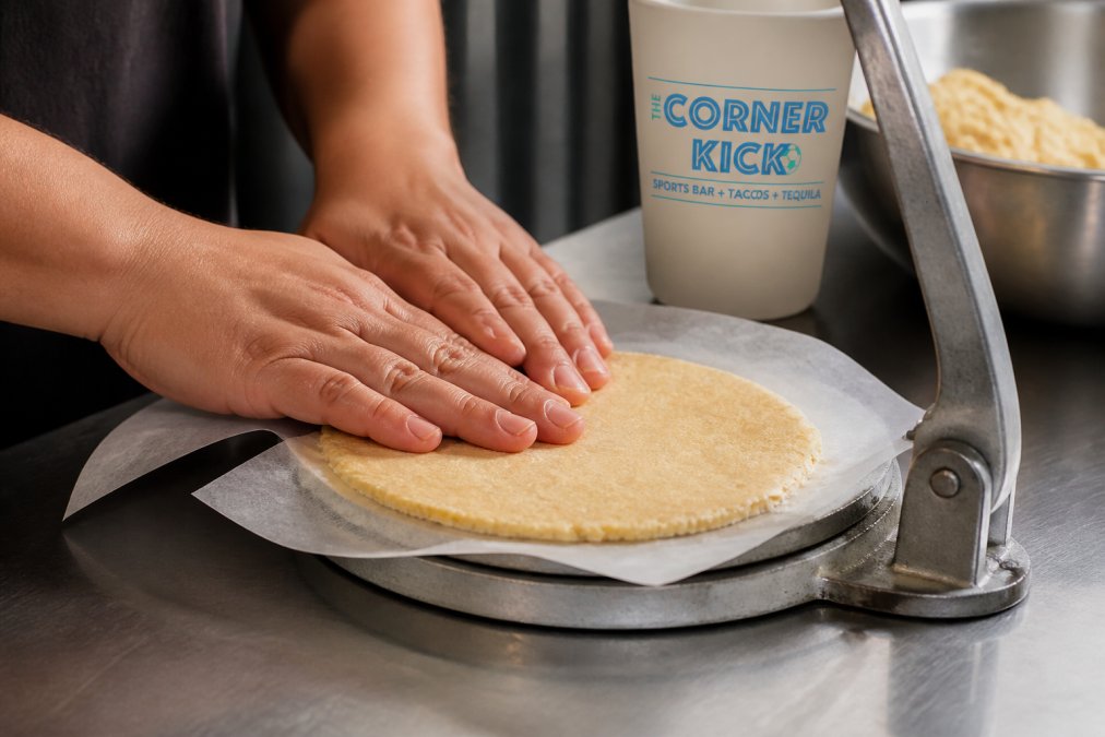 Close-up of hands pressing fresh masa dough in a metal tortilla press, with parchment paper visible and dough partially flattened, showing the pale yellow color of corn masa