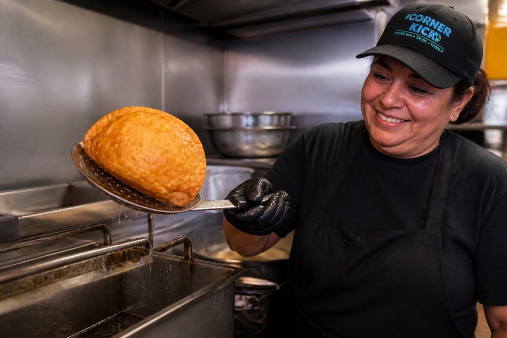 Golden-brown puffy taco shell emerging from hot oil on a slotted spoon, with visible bubbles and air pockets on the crispy exterior, oil droplets falling back into the fryer