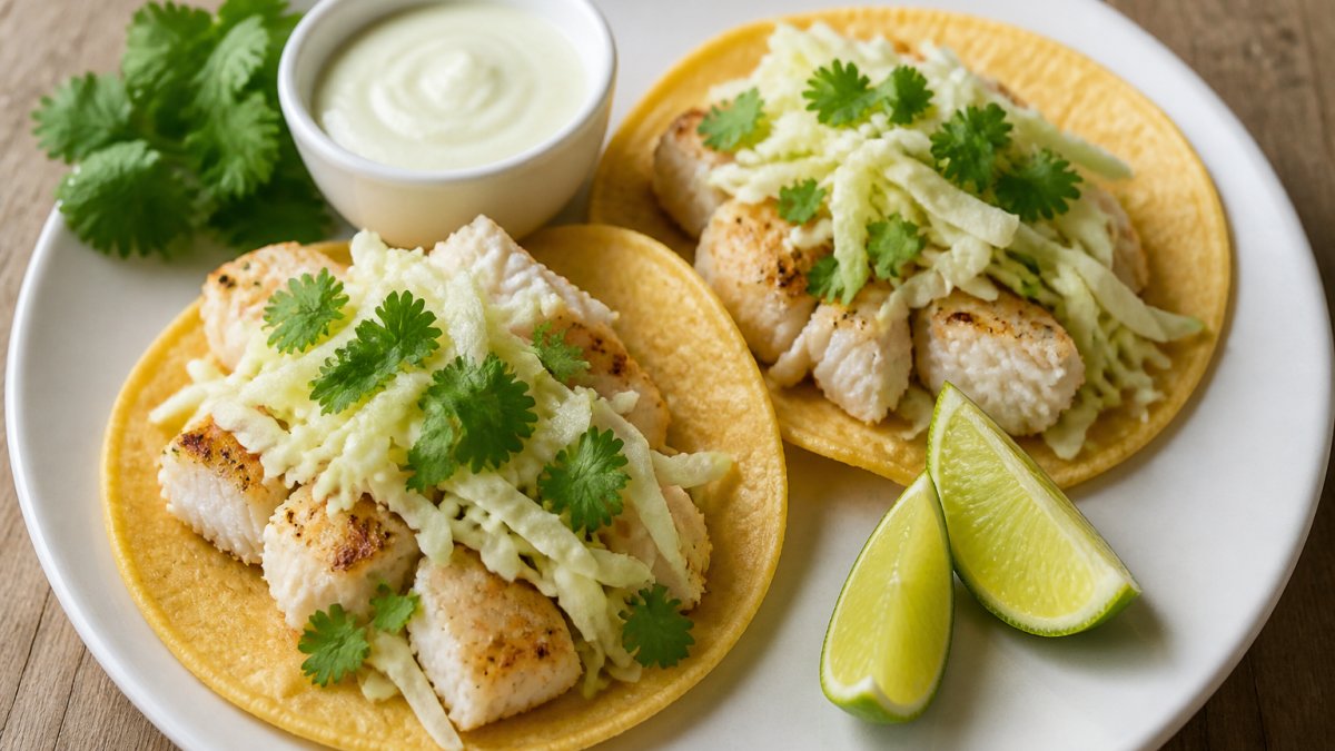 Two fish tacos with lime, cabbage, and crema, a quick healthy authentic mexican lunch served on a white plate.