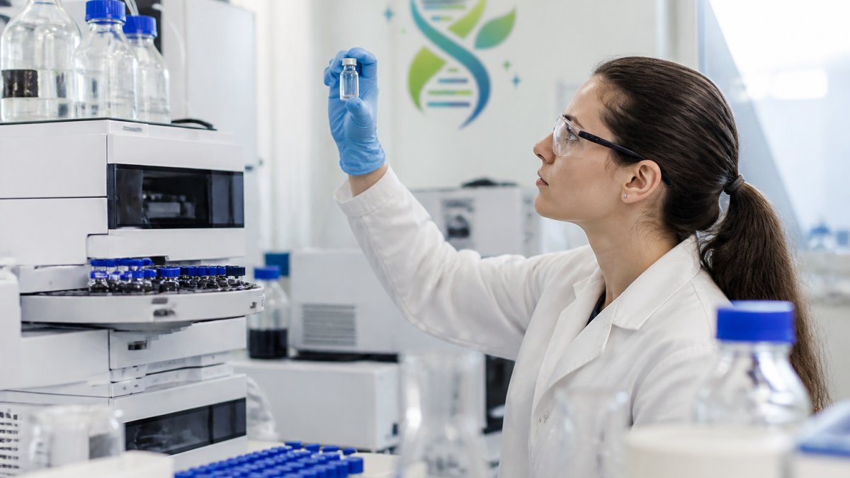 Scientist examining a vial of research grade peptides next to an HPLC instrument in a laboratory.
