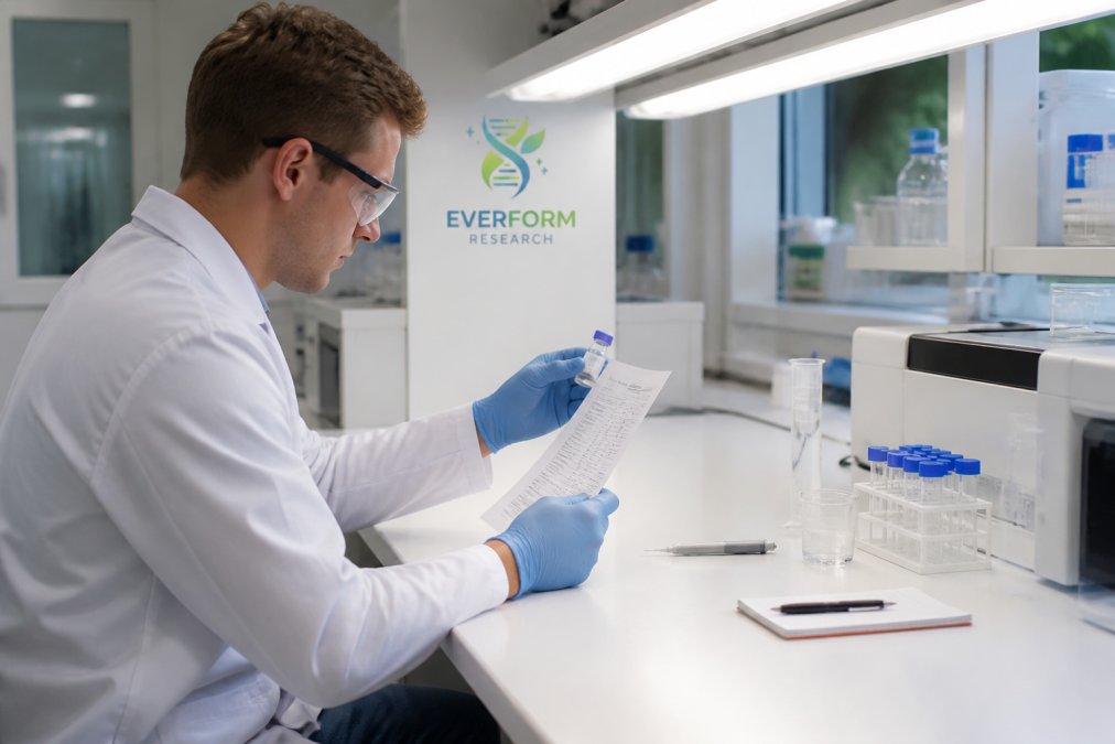 Professional laboratory technician in white coat examining a Certificate of Analysis document alongside a peptide vial under bright LED lighting in a modern research facility