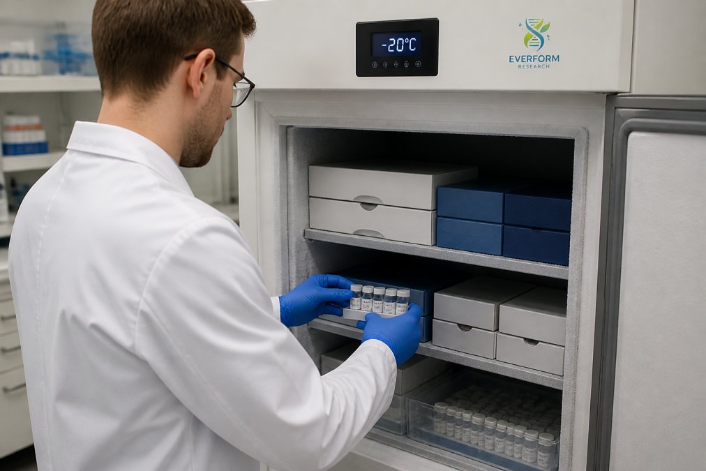 Researcher in laboratory coat carefully placing labelled peptide vials into a -20°C freezer with organised storage boxes and temperature monitoring display visible