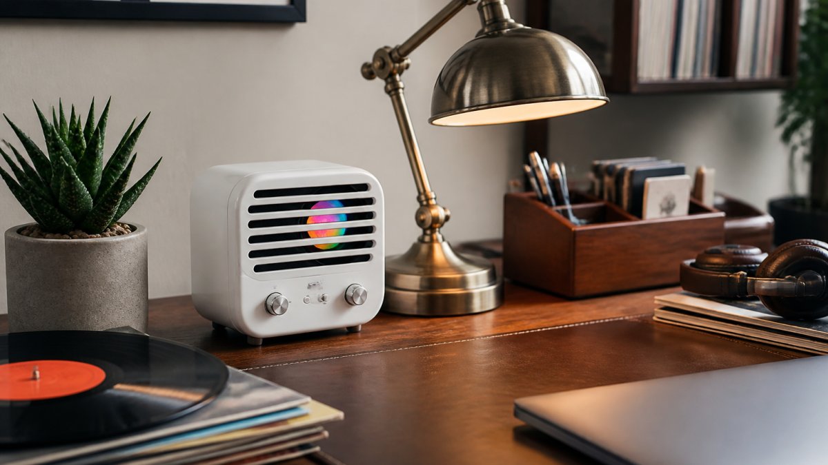 Modern desk setup featuring a retro-styled white Bluetooth speaker with RGB lighting next to a vintage desk lamp, surrounded by vinyl records, a small potted succulent, and a wooden desk organizer, showing how retro gadgets blend into contemporary home office décor