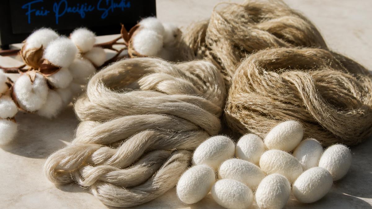 Close-up of raw natural fibers laid out on a light surface, fluffy cotton bolls, twisted linen strands, rough hemp fiber bundles, and delicate silk cocoons, showing distinct texture and natural color variation in soft daylight
