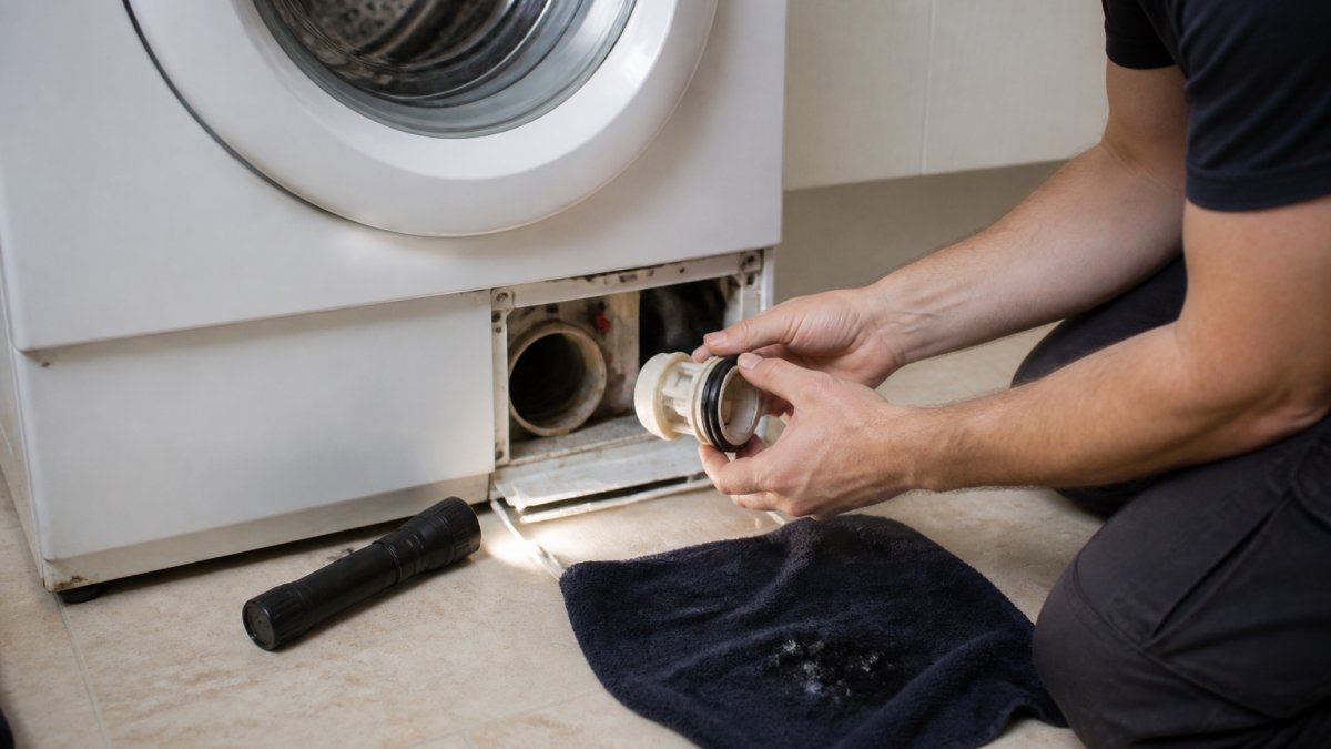 Person kneeling to remove the drain pump filter from an open front-loading washing machine with tools nearby