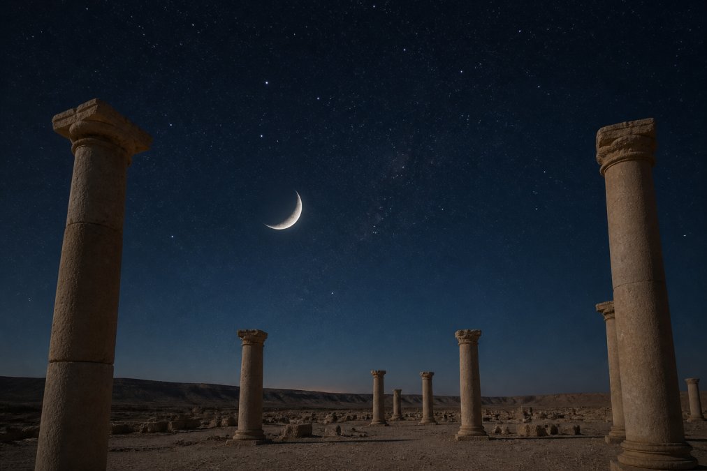 A clear desert night sky with a brilliant crescent moon hanging low over ancient stone pillars, the four celestial guardians of east, south, west, and north faintly suggested in the arrangement of bright stars across the horizon