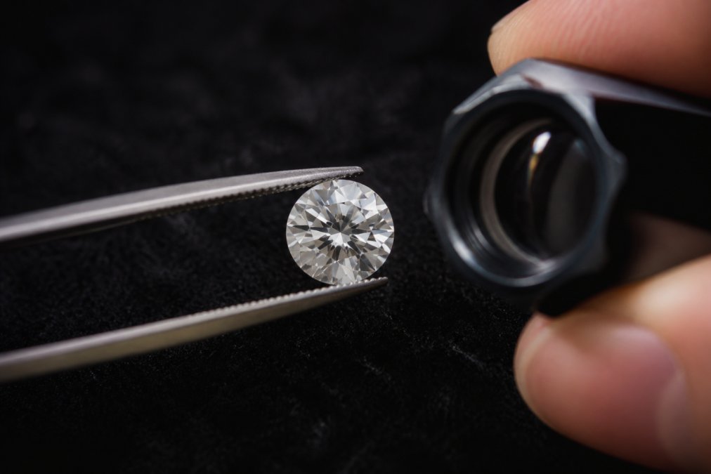 Close-up photograph of a loose round brilliant-cut diamond held with jeweller's tweezers under a loupe, light refracting through the facets against dark velvet