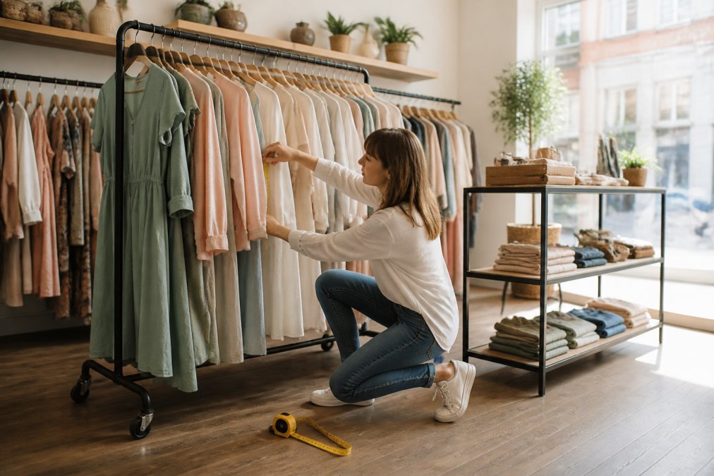 A shop owner arranging a modular clothing rail and display shelving in a bright independent boutique, adjusting garments on the rail with a tape measure on the floor nearby