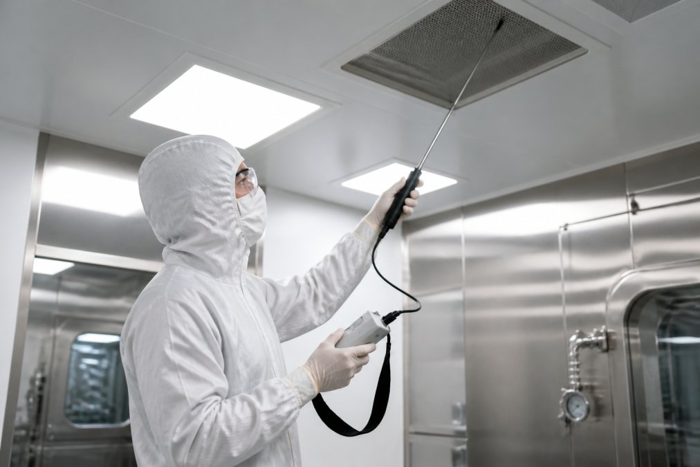 A cleanroom technician in full gowning, including hood, coveralls, and gloves, standing inside a pharmaceutical cleanroom and holding a portable aerosol photometer with a scanning probe near a ceiling HEPA filter unit, with stainless steel surfaces and bright overhead lighting visible