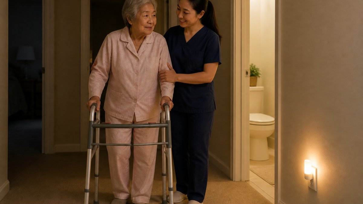 A caregiver in a warm, softly lit home hallway guiding an older adult with a walker toward the bathroom at night, both smiling calmly, with a plug-in LED nightlight glowing on the wall outlet