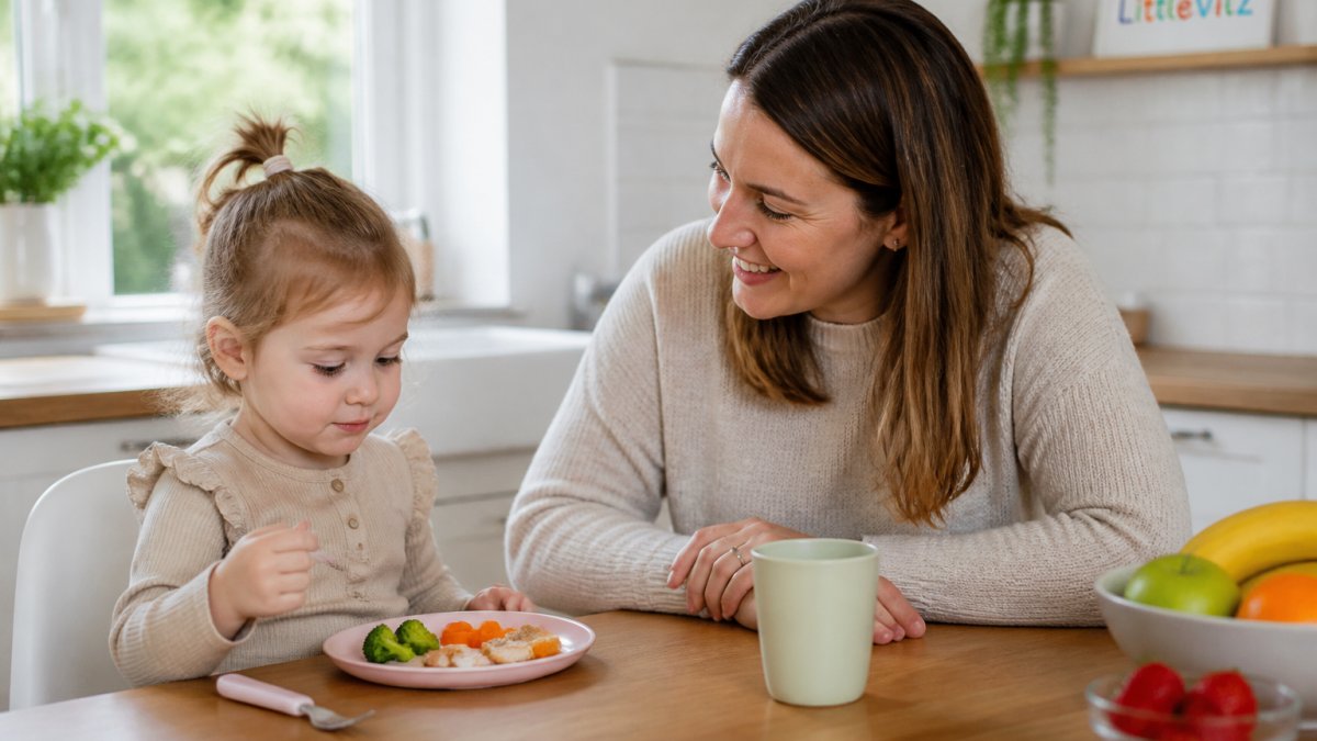 Infographic process showing a parent and toddler at a kitchen table to help picky eaters with daily mealtime habits