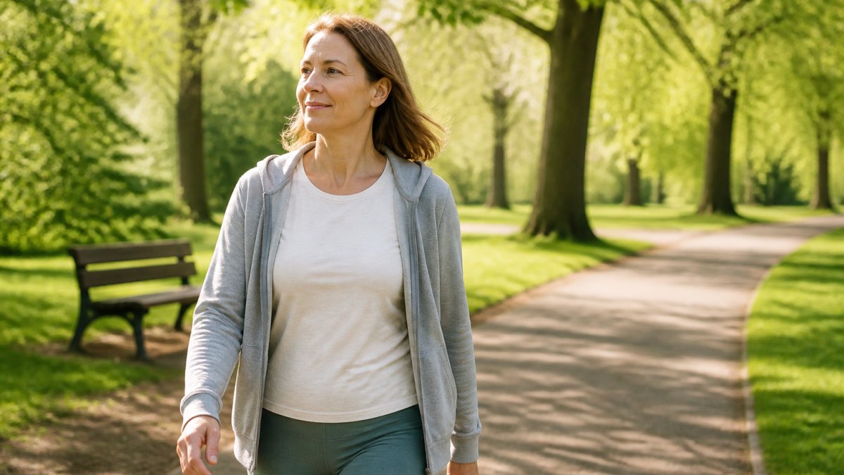 A woman in her forties walking outdoors in a park on a bright morning, wearing everyday clothes, mid-stride and relaxed, with green trees and a path behind her