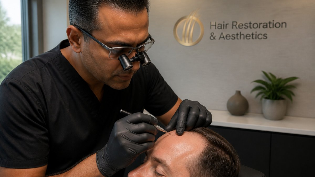 Specialist performing a DHT FUE hair transplant with precision in a modern clinical setting