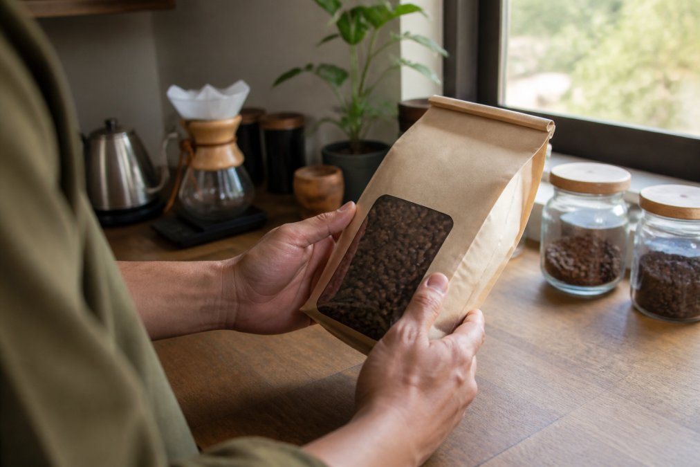 Close-up of a person's hands holding a bag of whole bean coffee while reading the origin and farm information printed on the label, soft natural window light, kitchen counter setting