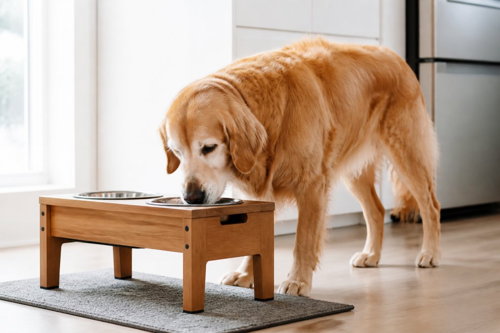 Senior golden retriever eating from wooden elevated dog bowls in a bright kitchen.