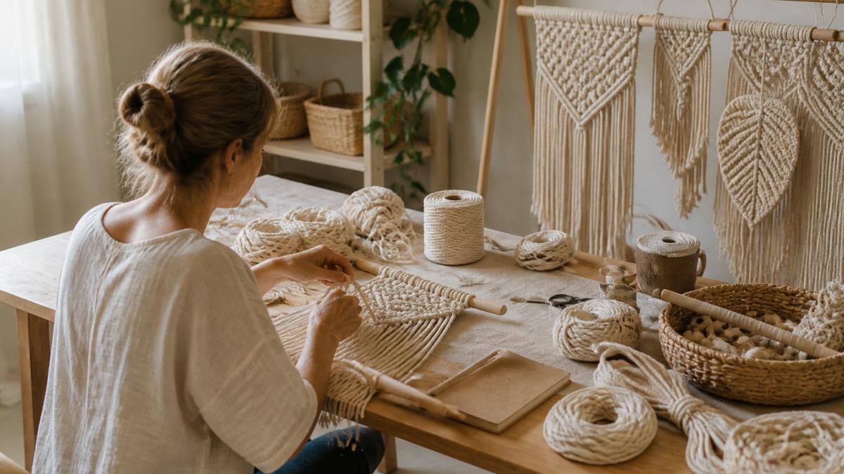 A cozy living room with a large macrame wall hanging above a neutral sofa, styled with woven baskets and a textured throw blanket, natural light streaming through a window