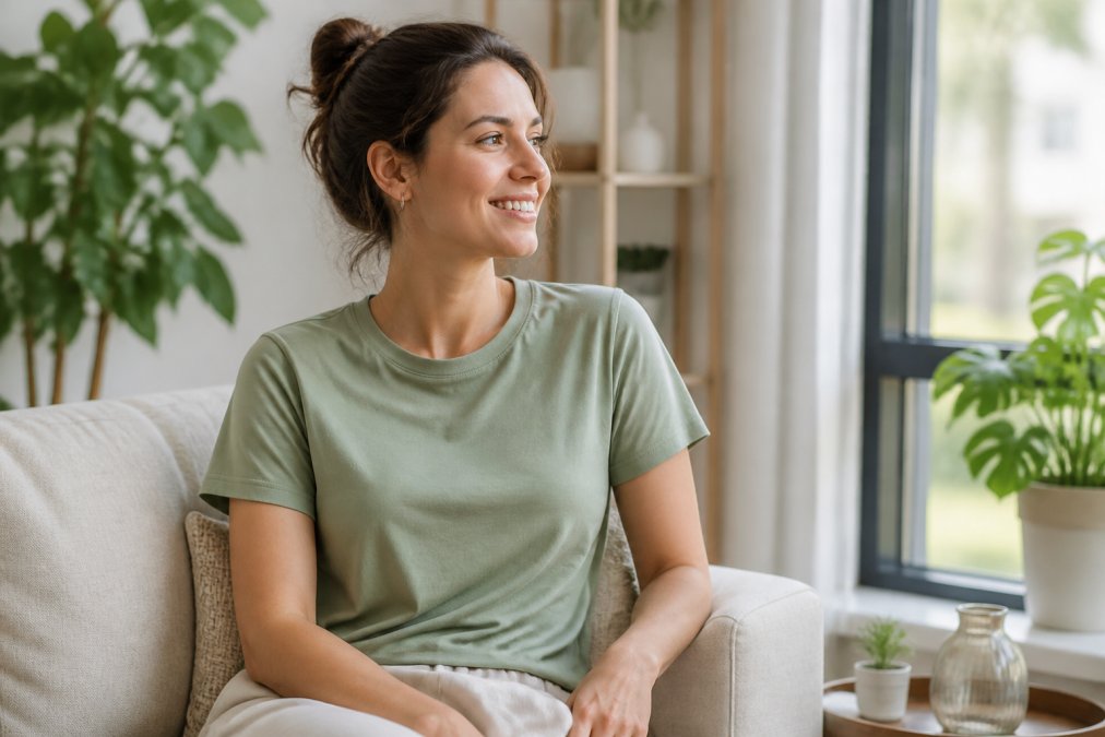 A woman wearing a soft sage green modal t-shirt, smiling and looking comfortable while sitting near a window in a bright, modern living room with natural light