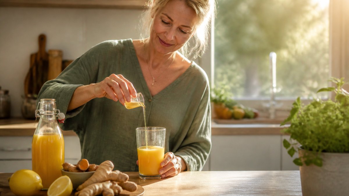 Woman in her fifties pouring a fresh ginger and lemon wellness shot in a bright kitchen