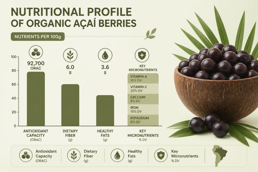 Bar chart comparing nutrients per 100g of organic acai: antioxidant capacity, dietary fiber in grams, healthy fats in grams, and key micronutrients